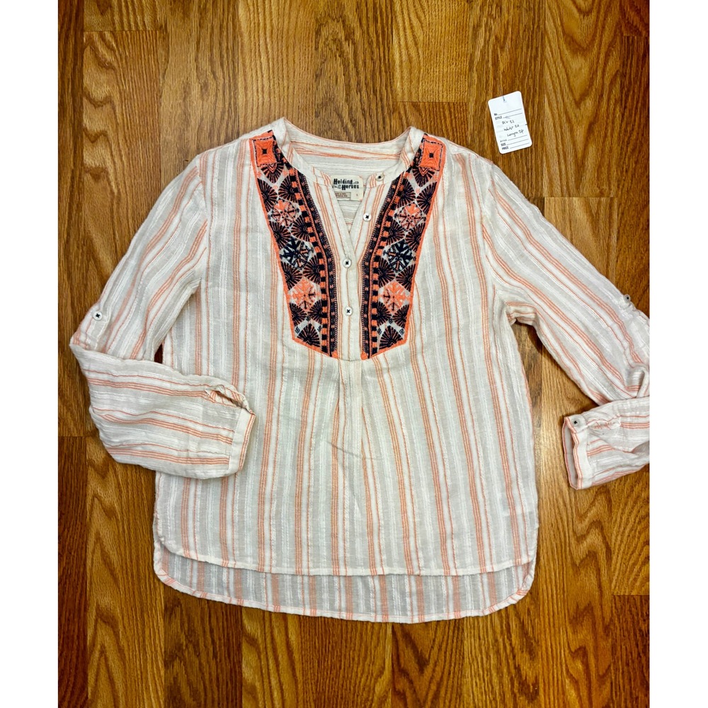 Holding Horses Lightweight Blouse Boho Embroidered Stripe Small White Orange
